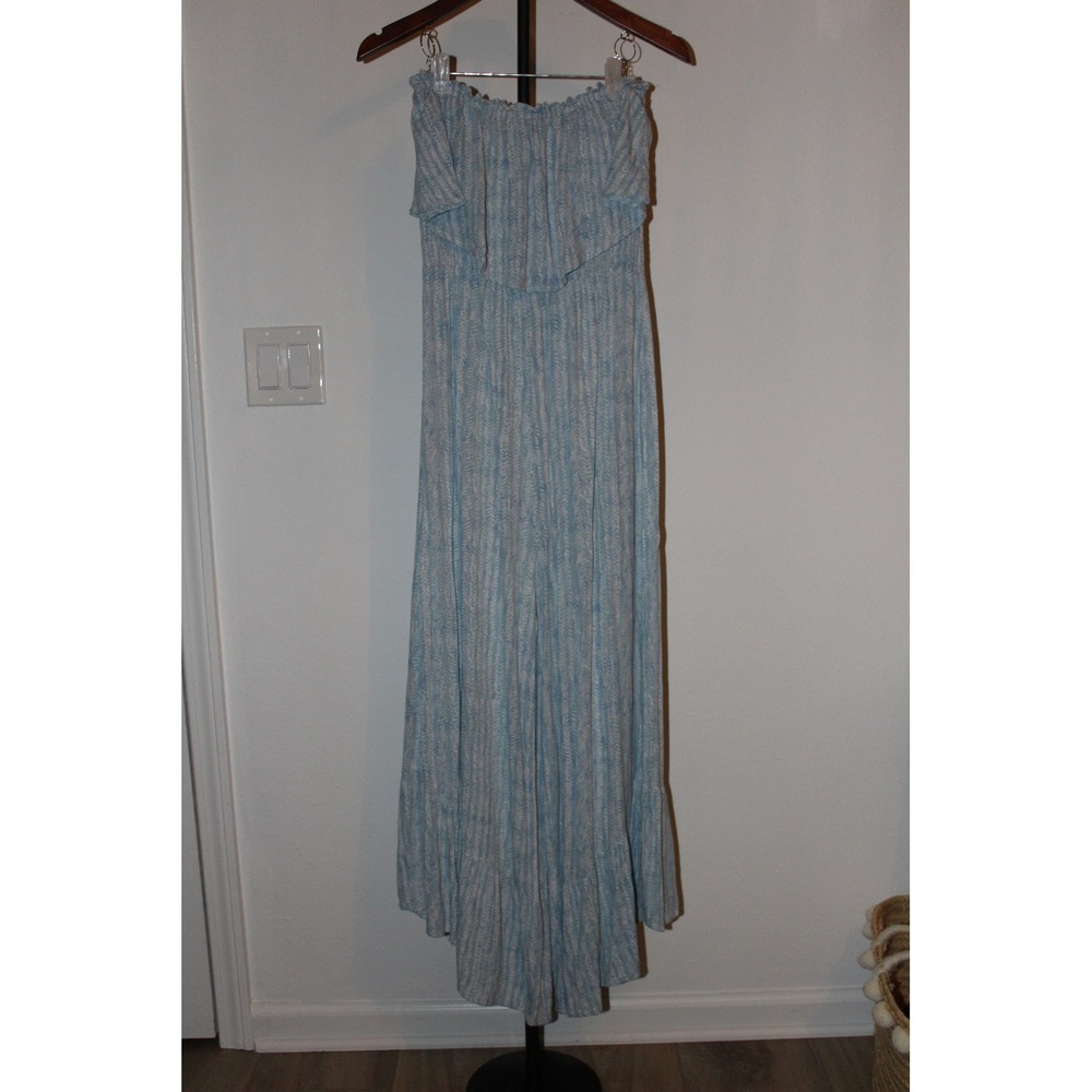 Illa Illa Women's Strapless Wide Leg Jumpsuit Blue White Chevron Smocked‎ Small